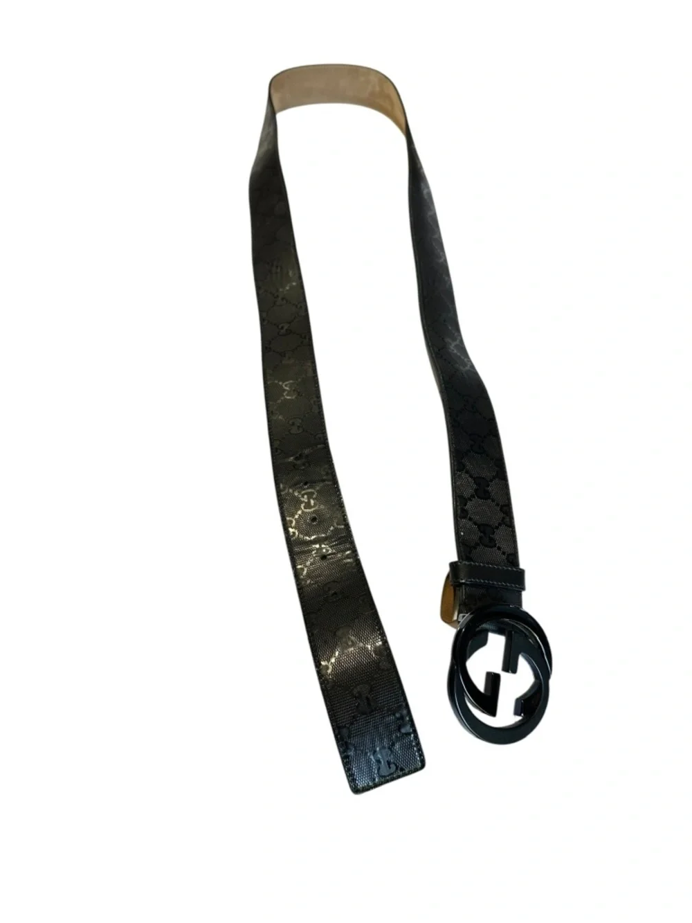 Authentic GUCCI Leather Belt With Black GG Interlocking Imprime Canvas 48 Large